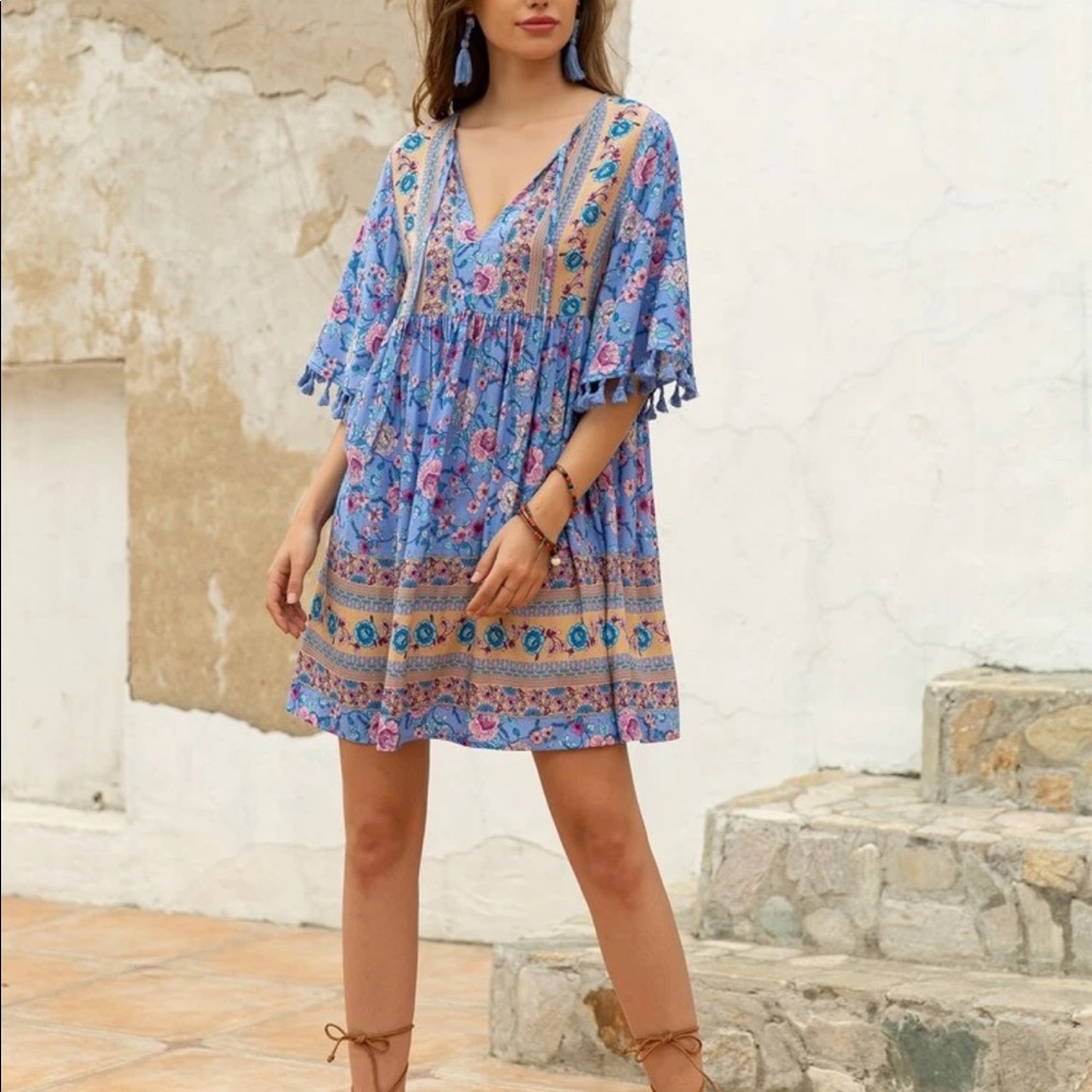 Boho floral print fringe trim dress- BLUE - Picture 5 of 14